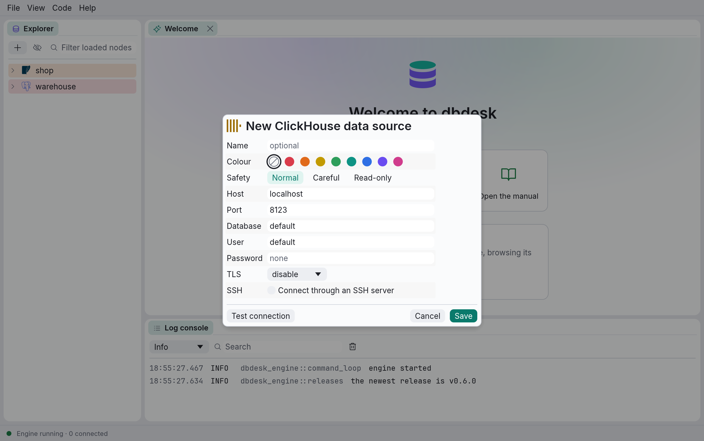 The New ClickHouse data source dialog