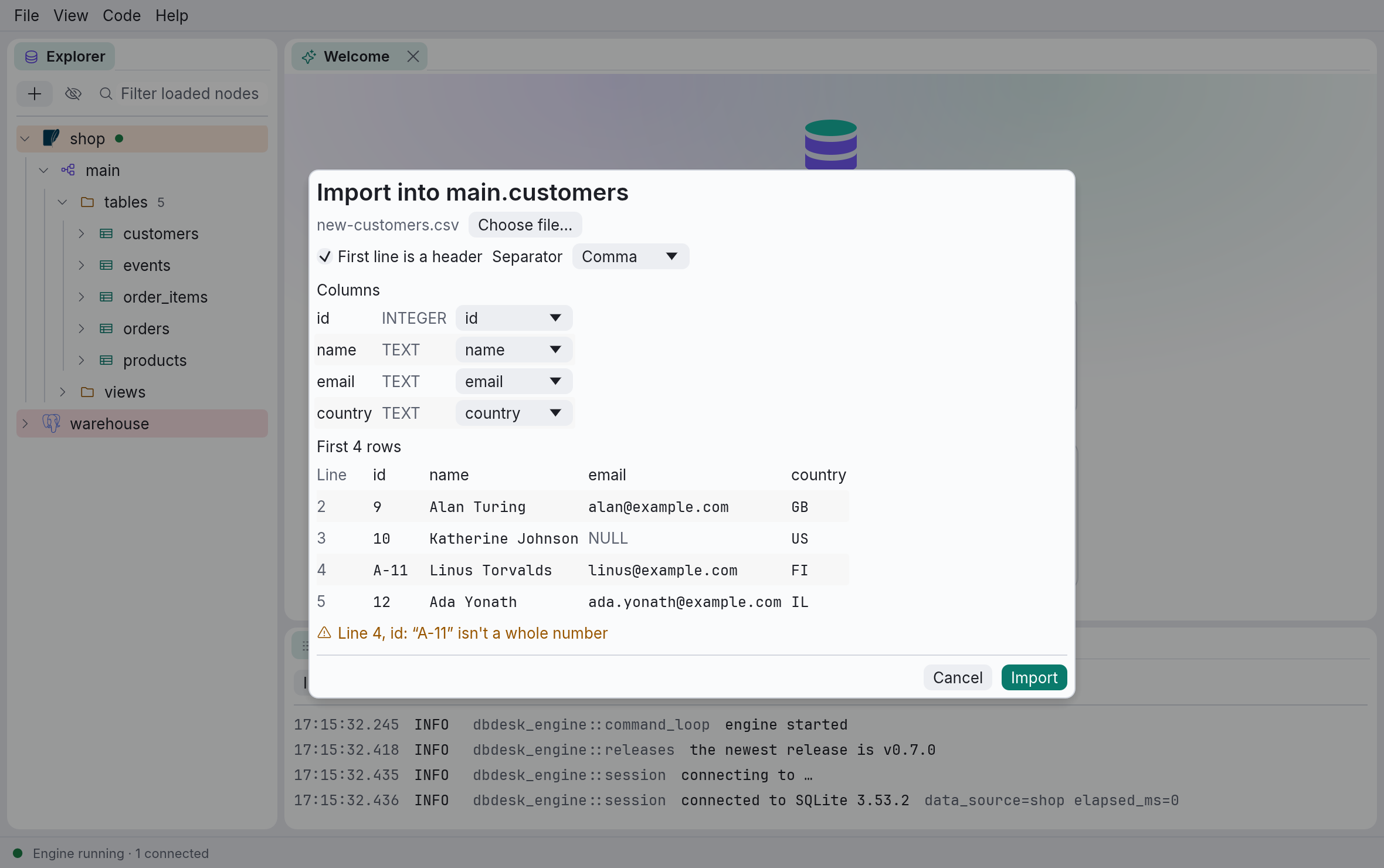 Importing a CSV file: the columns, the first rows, and a value that won’t fit