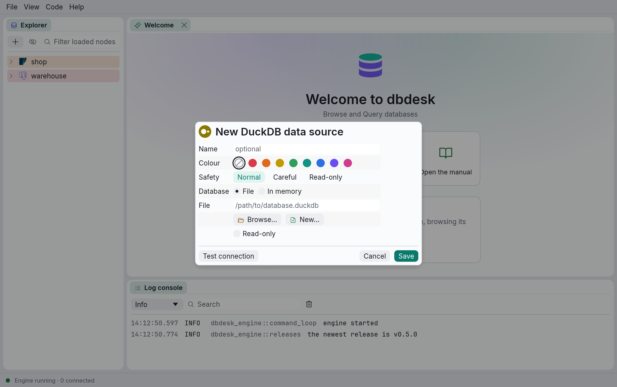 The New DuckDB data source dialog