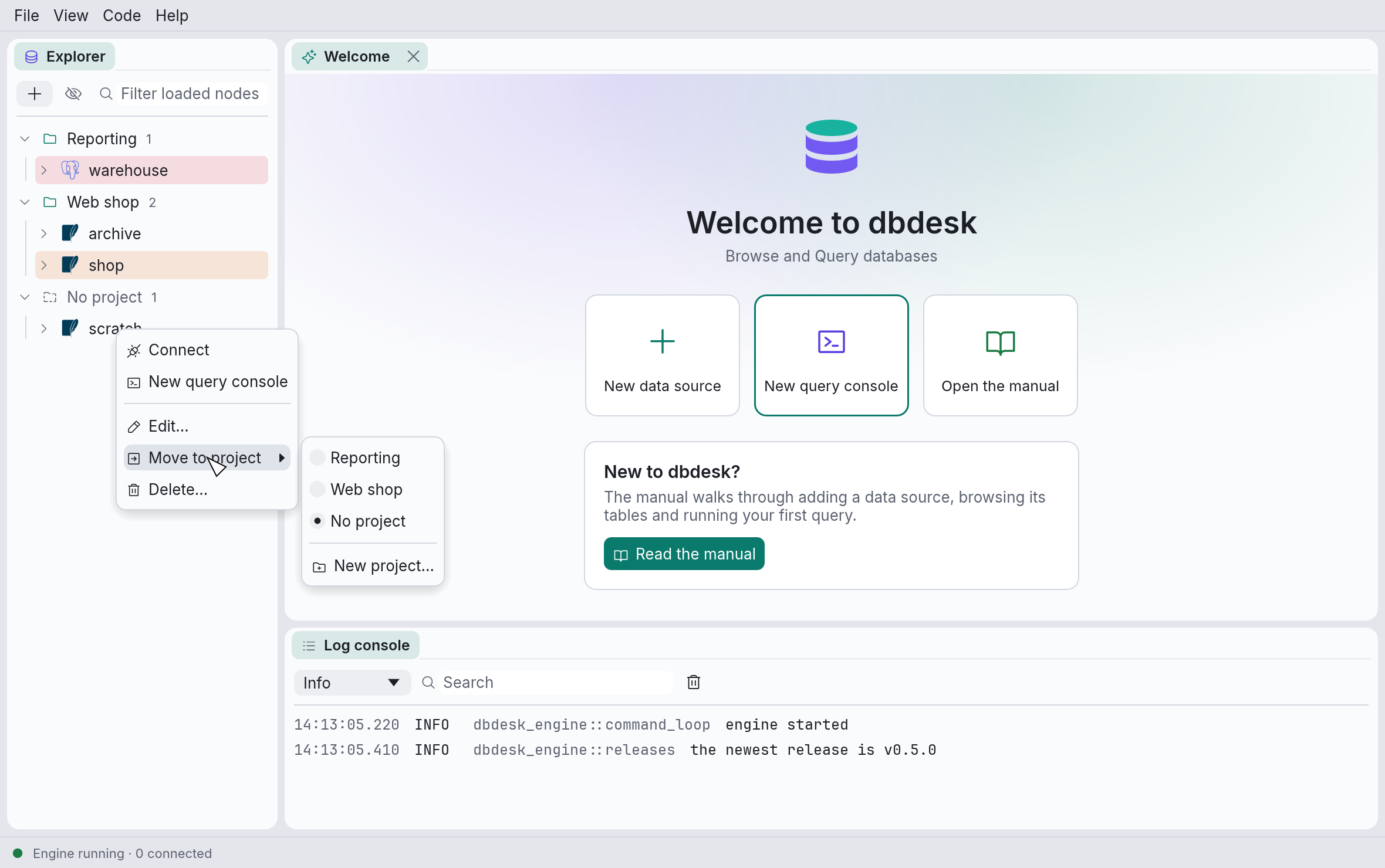 Data sources grouped into projects, with Move to project open