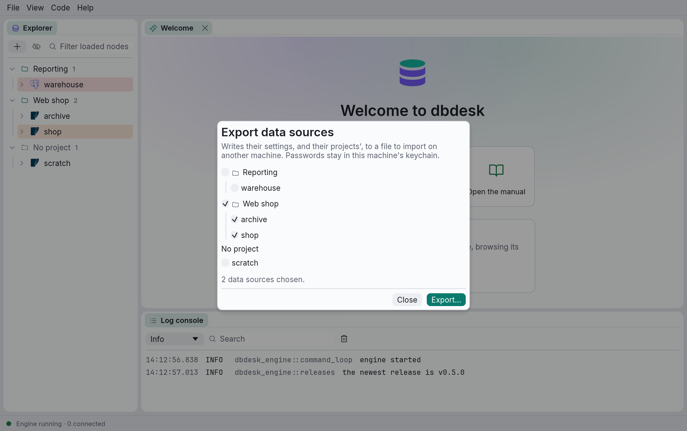 Choosing a project, and its data sources, to export