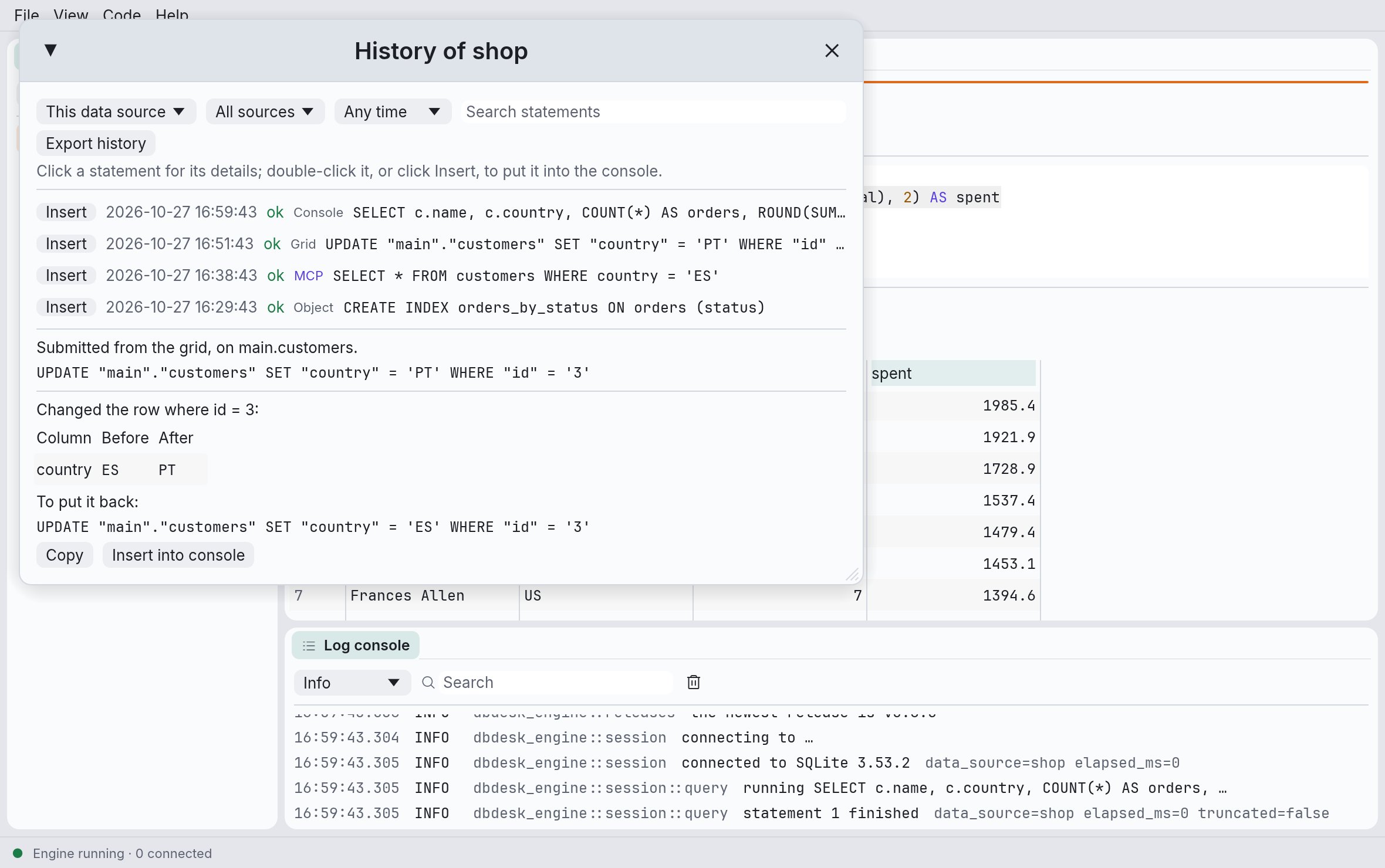 The history, with a grid edit’s details