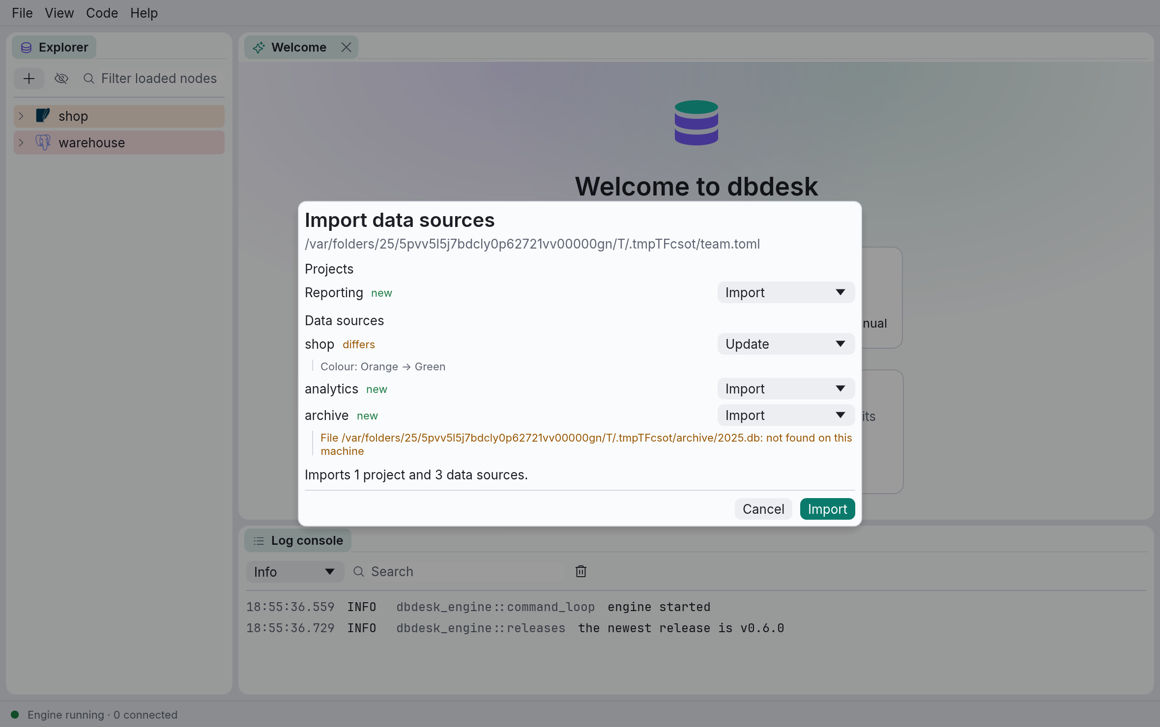The import preview: a new project, a data source that differs, and a missing file