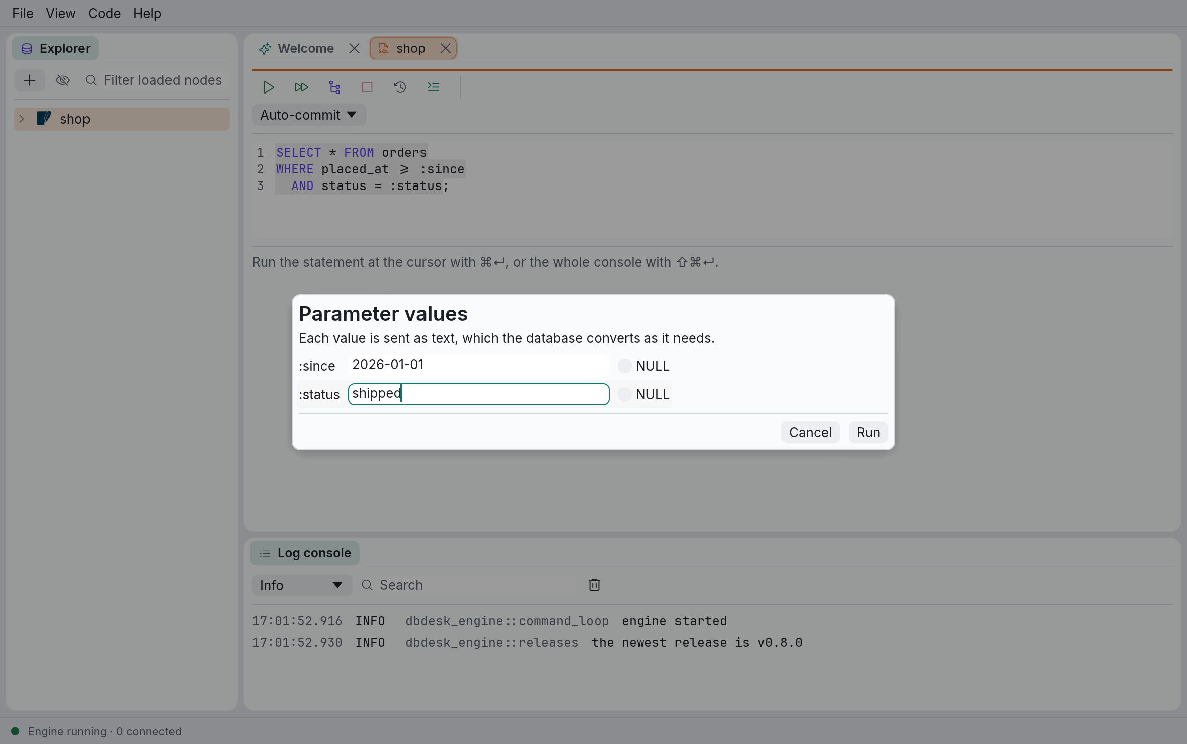The parameter values a statement asks for