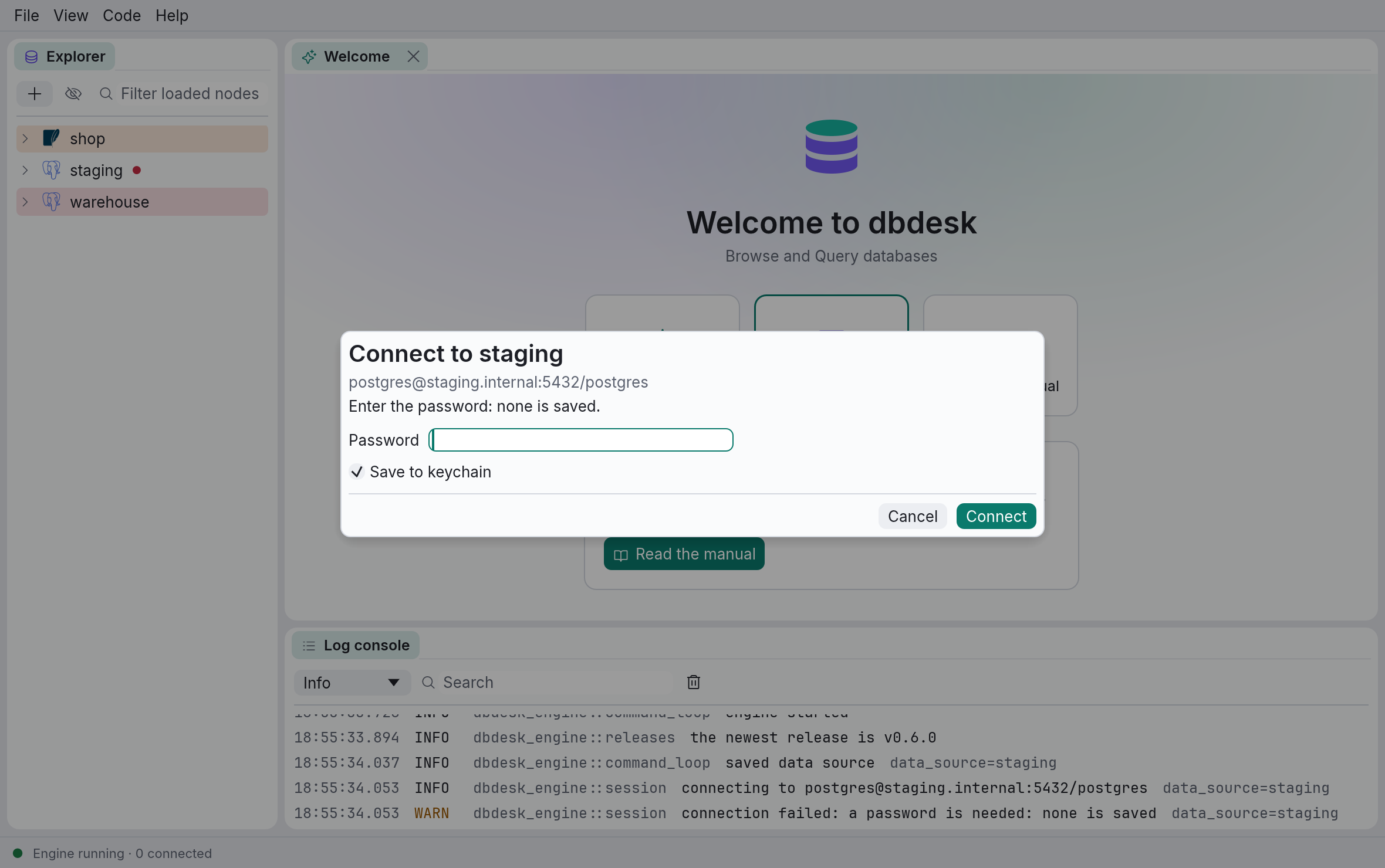 Connecting asks for the password a data source has none saved for