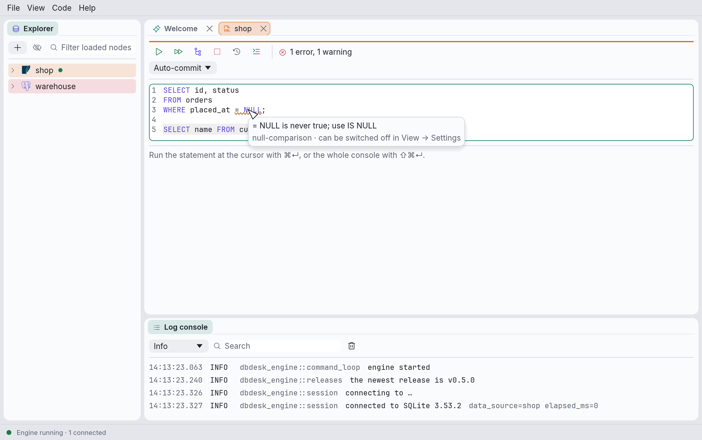 An underlined comparison with NULL, and its explanation