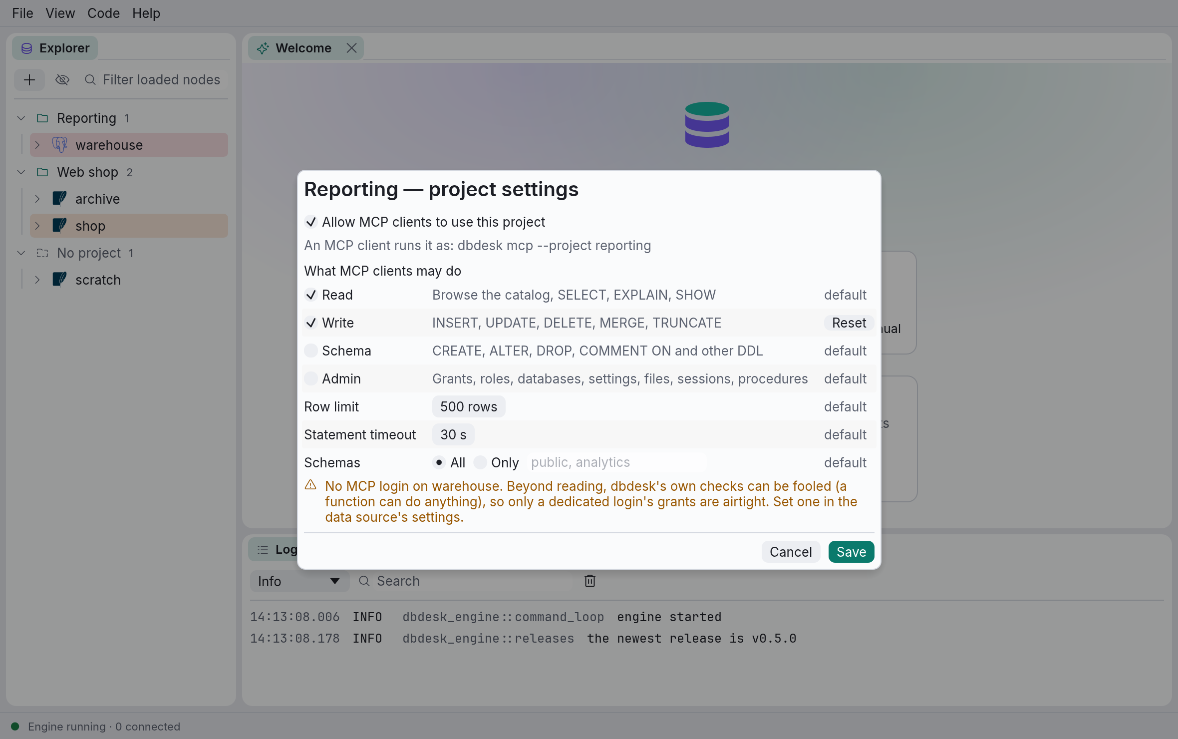 Project settings, with writing allowed and a warning about a missing MCP login