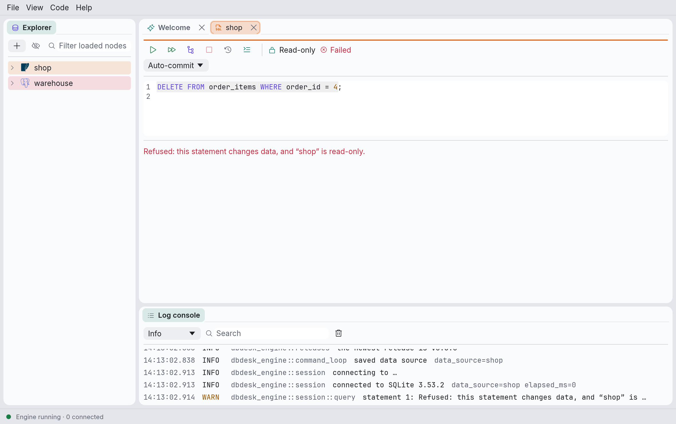 A DELETE refused on a read-only data source