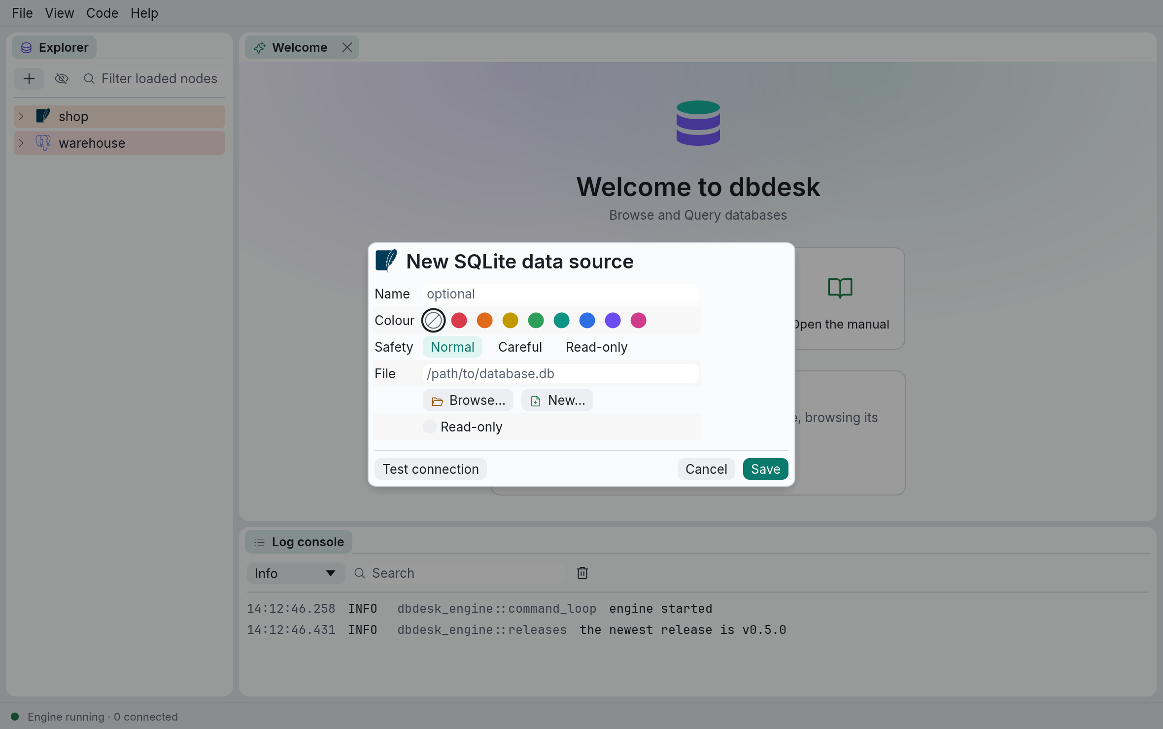 The New SQLite data source dialog