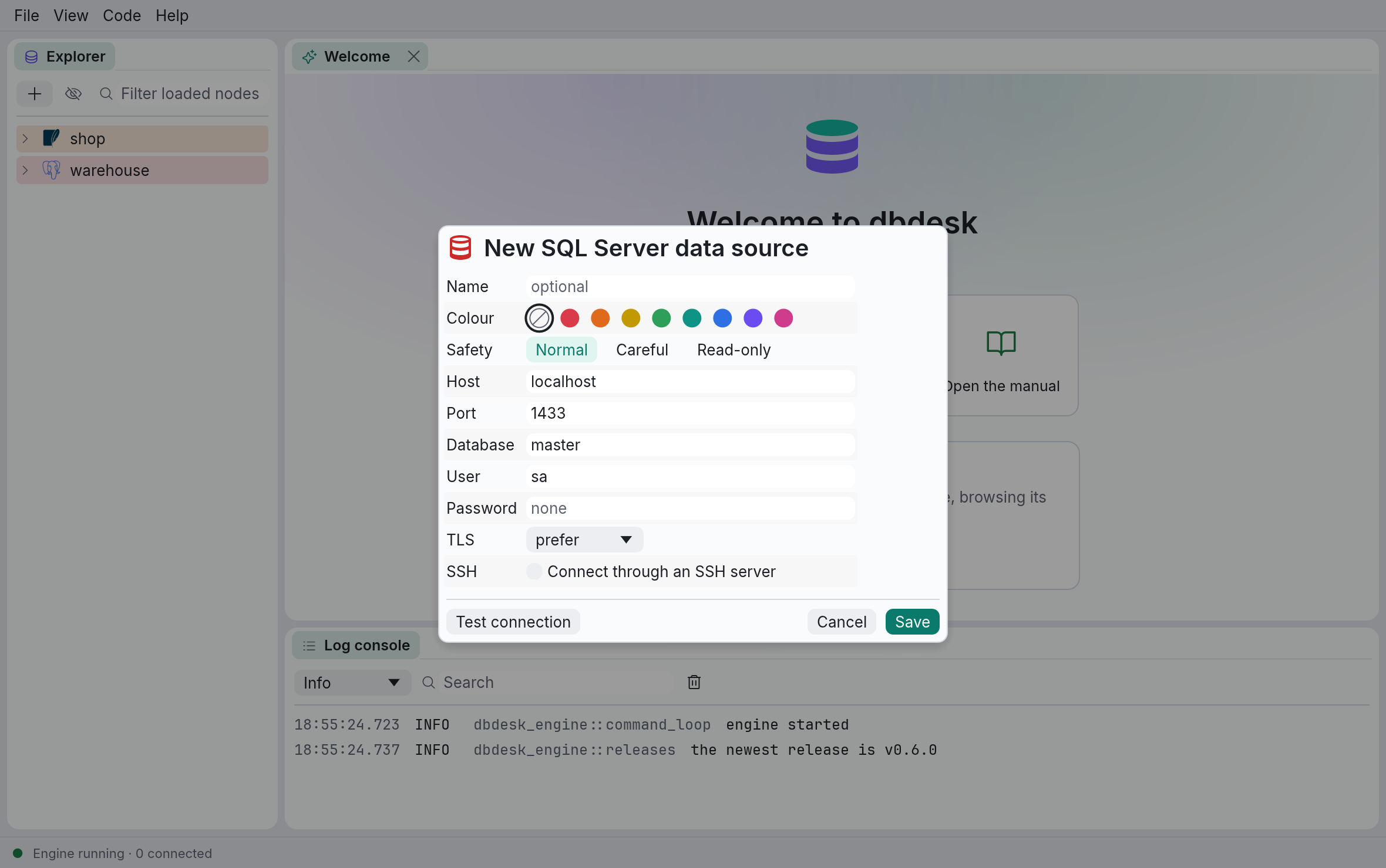 The New SQL Server data source dialog