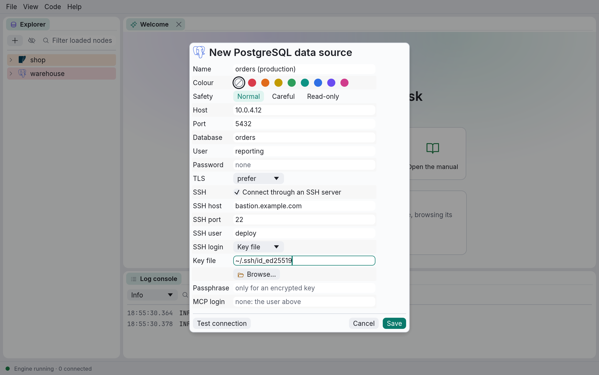 A PostgreSQL data source behind a bastion, signing in with a key file