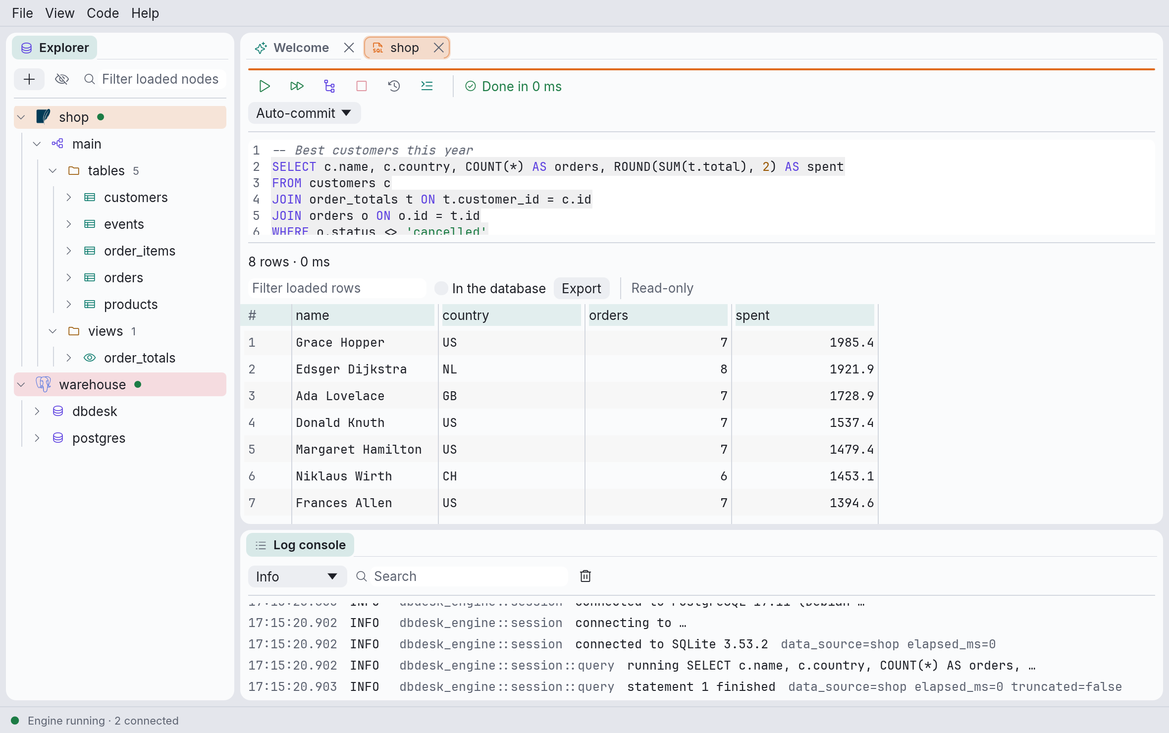 dbdesk with the explorer, a query console and the log console