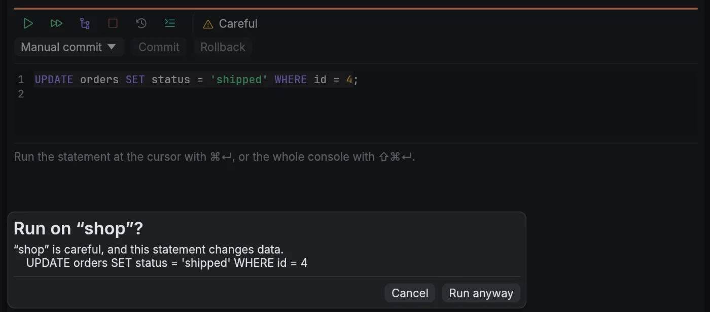 A careful data source asking whether to run an UPDATE on shop before it runs