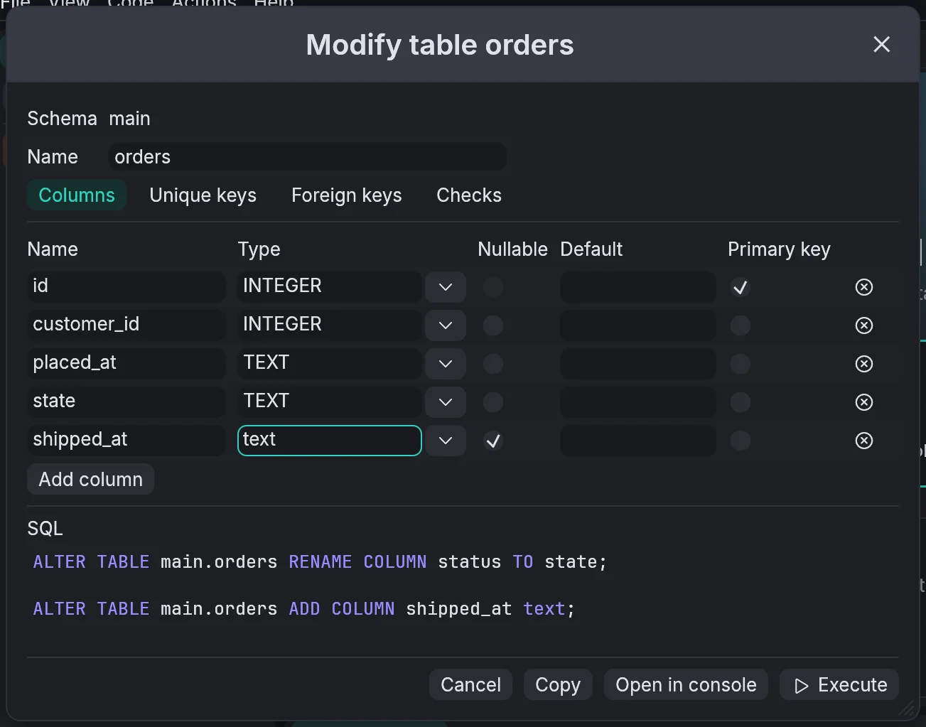 Modify table on orders, with a column renamed and one added, and the ALTER TABLE statements it will run