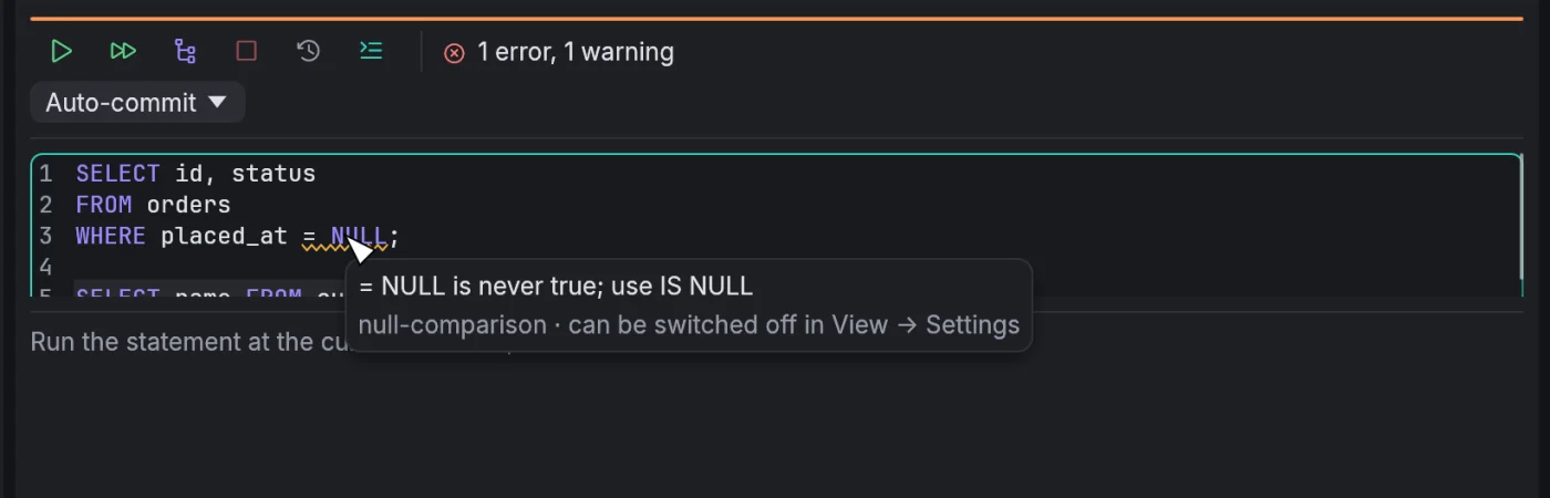 A console with a wavy underline under = NULL, explained as never true: use IS NULL