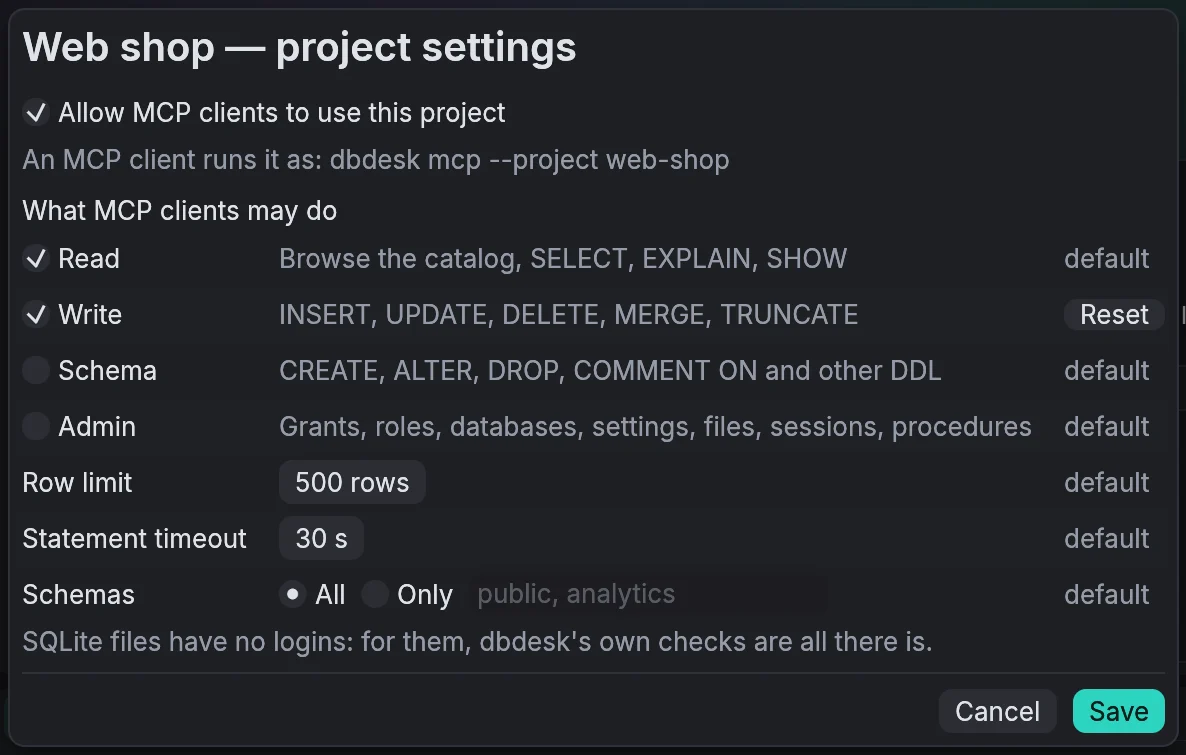 A project's settings allowing MCP clients, with read and write ticked, a row limit and a statement timeout