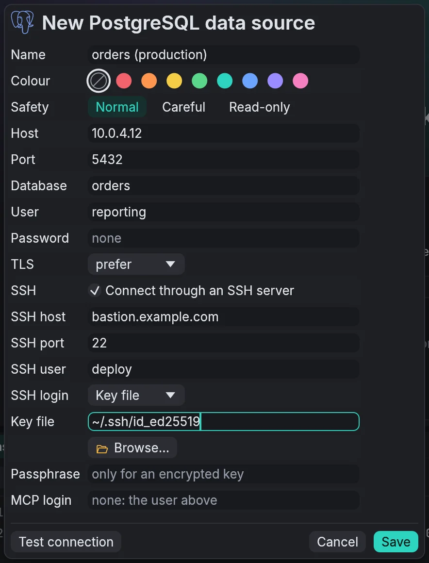 A PostgreSQL data source reached through an SSH server, signing in with a key file